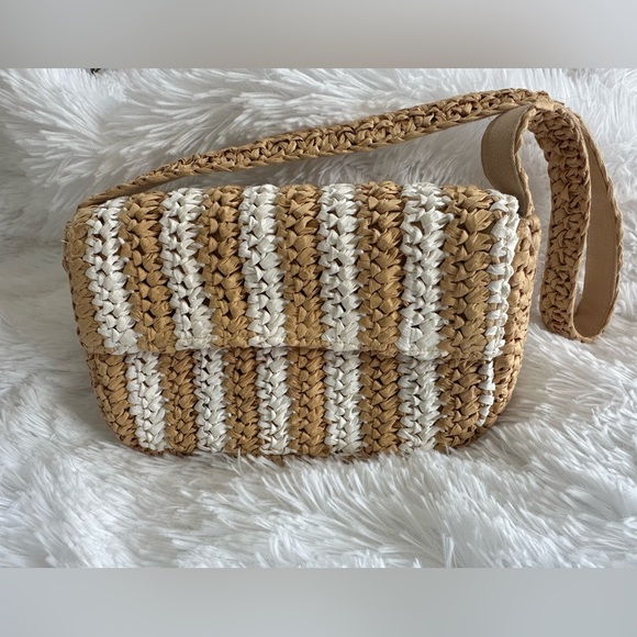 Anthropologie Striped Raffia Shoulder Bag in Tan and White NWT - Picture 1 of 4